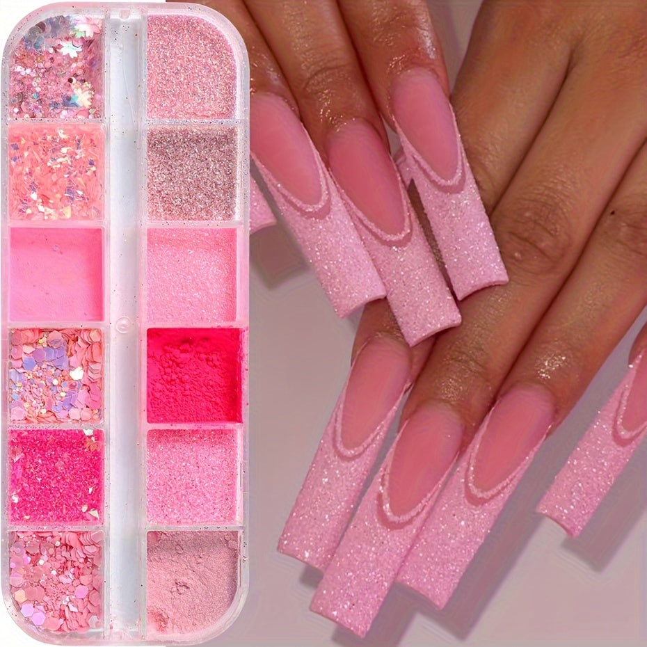 FULL BEAUTY 12 Grids Pink Glitter Nail Flakes, Holographic Hexagon Irregular Sequins, Sliced Sparkly Crystal Pigment Powder for Manicure Decoration, Hypoallergenic Rectangle Shape, Nail Charms